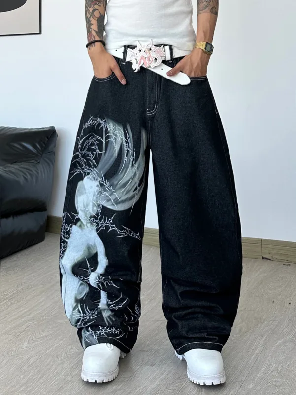 Men's High Street Dark Anime Character Thorn Print Black Baggy Wide-Leg Jeans Y2K Street Hip-Hop Punk Fashion Versatile Pants