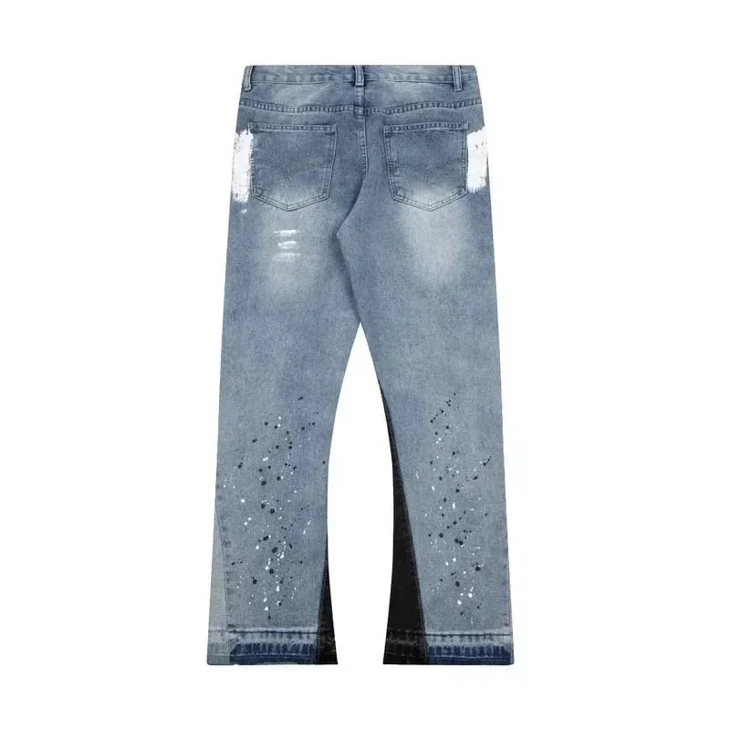 American Streetwear Splashed Ink Patchwork Baggy Jeans Men Women Clothing Tie Dye Trendy Pants Straight Slim Micro-flard Pants — image 4