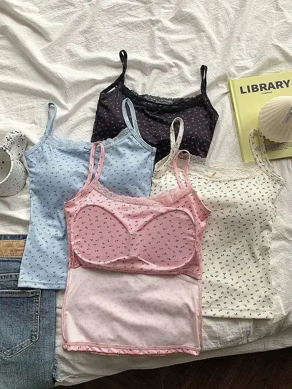 Elegant Lace Flower Print Slim Sexy Vest Floral Tops One Size Tank Spring Sweet Bowknot Style T-Shirt Casual Crop Top Summer
