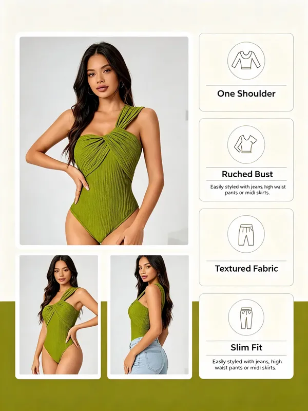 Women One Shoulder Twist Bodysuit Textured Crinkle Fabric Sleeveless Slim Fit Party Club Jumpsuit Top Green