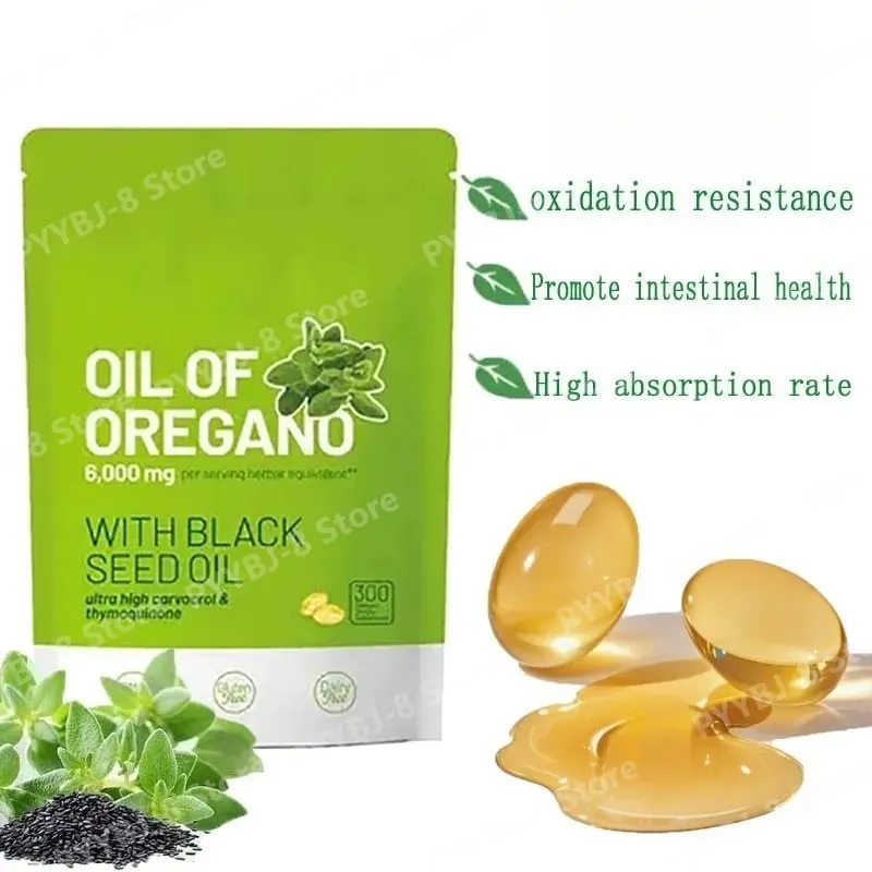 2 in 1 Oil of Oregano Softgels 6000mg with 200mg Black Seed Oil Promote Intestinal Health & Improve Antioxidant Activity 300pcs