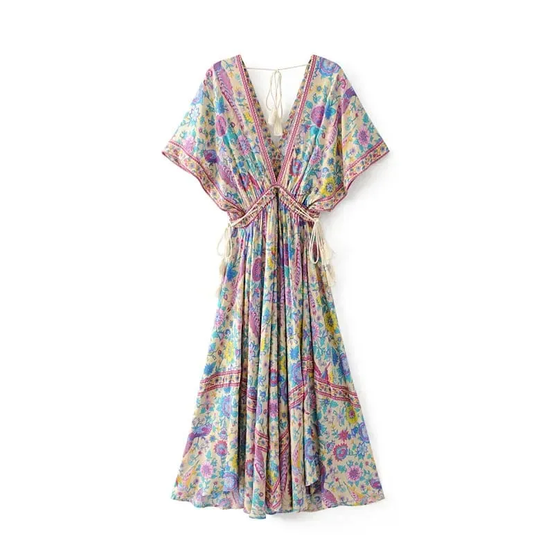 Boho Queens mujeres Pavo Real estampado Floral manga murciélago playa bohemio Maxi Vestidos señoras cuello en V borla vestido de verano Vestidos