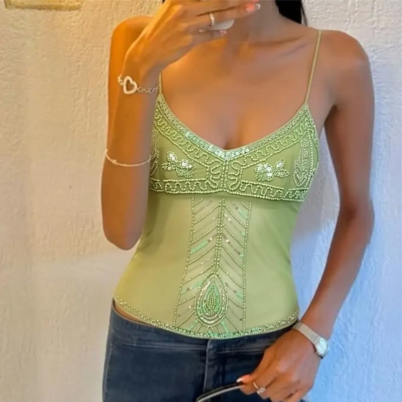 Women Y2K Sequin Beaded Mesh Cami Top Spaghetti Strap V Neck Fitted Sheer Camisole Summer Vacation Going Out Streetwear — image 1