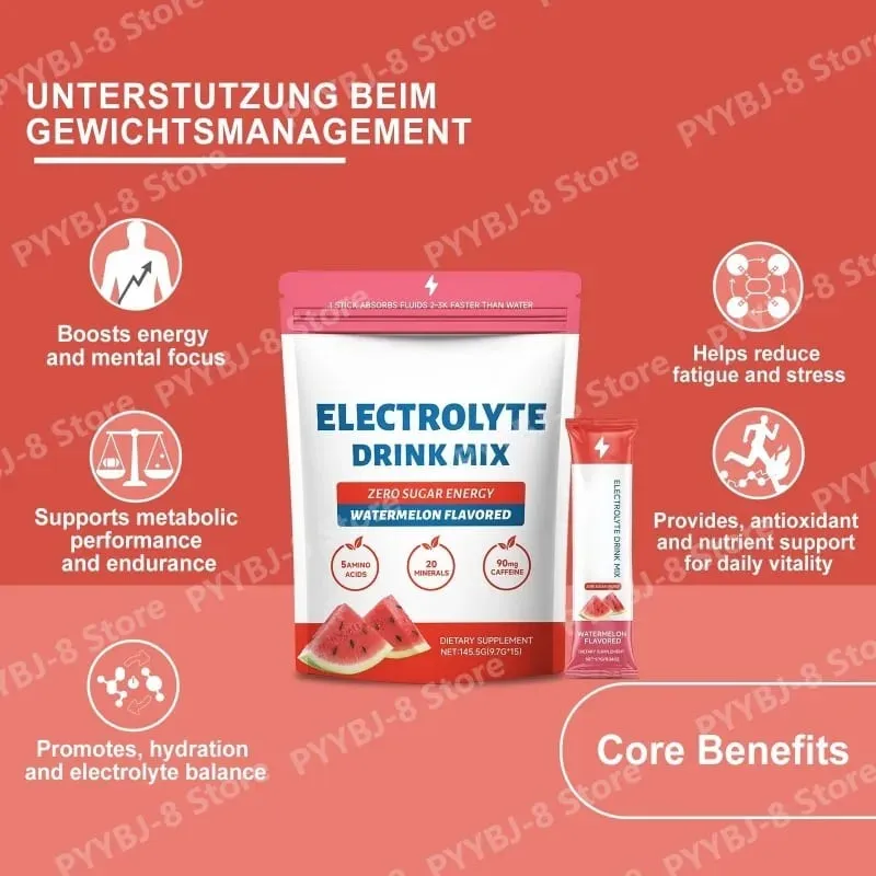 Zero Sugar Watermelon Electrolyte Powder with 90mg Caffeine Amino Acids Minerals Vitamins Provide Energy Replenishment 15 Sticks — image 4