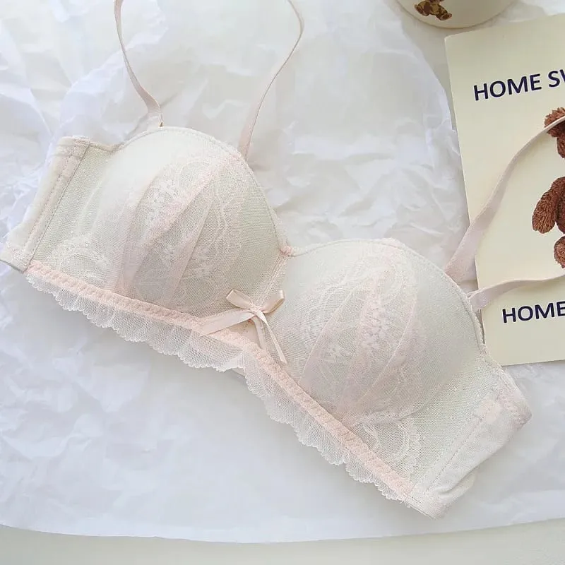 Sexy French Demi Cup Lace Bralette Set Wireless Push Up Bra for Women No Underwire Comfortable Non Padded Sexy Sweet Teen Bra AB
