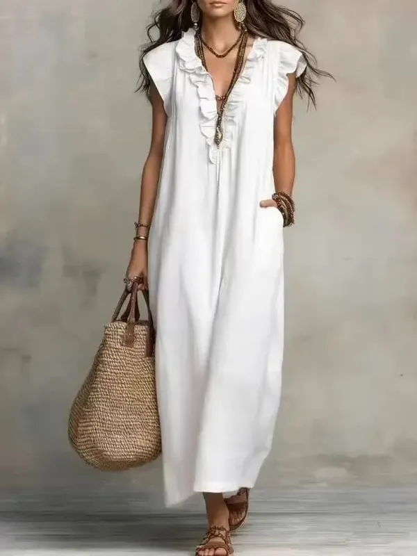 2026 Summer Women Boho Cotton Linen Maxi Dress Solid Color Ruffle V Neck Sleeveless Loose Long Dresses With Pockets Casual Beach — image 13