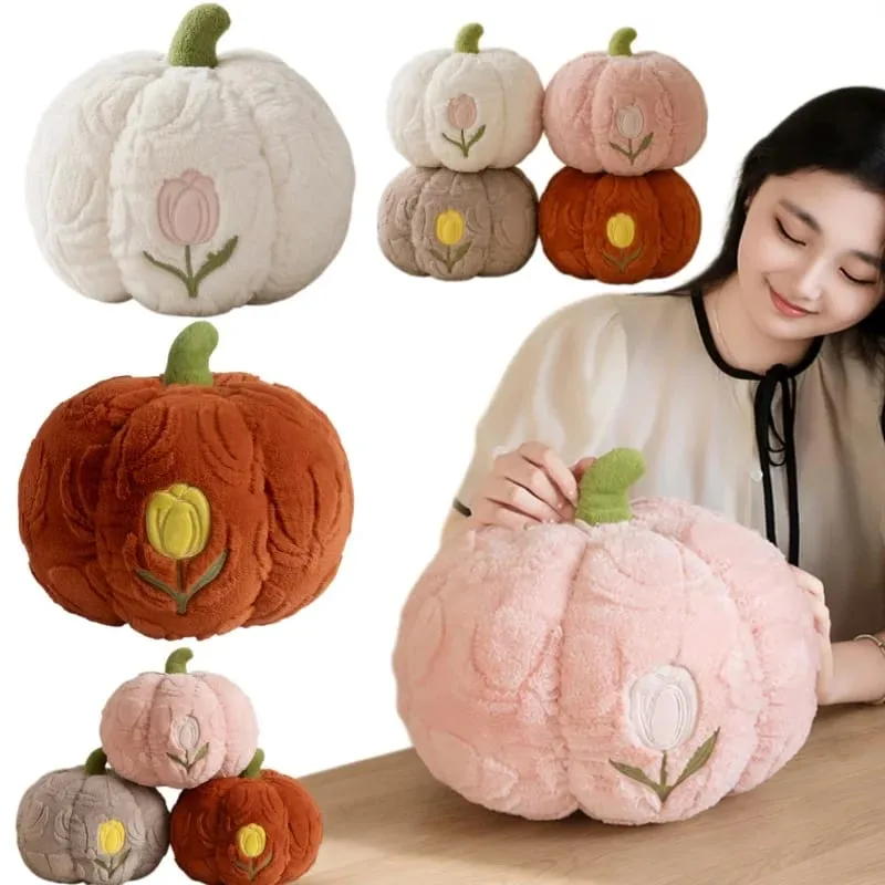 Cute Pumpkin Throw Pillow With Tulip Embroidery Soft Plush Pumpkin Shaped Cushion Pillow For Sofa Living Room Hallowmas Gifts