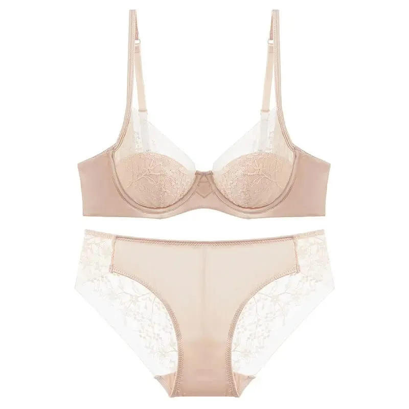 Women Lace Lingerie Set Thin Cup Minimizer Bra Panty Kit Full Coverage Breathable Intimates for Big BustFashion Daily Underwear