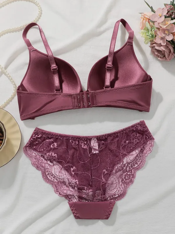 Solid Color Lace Bra Set Women Wireless No Underwire Push Up Bra and Panty 2 Piece Set Daily Comfortable Lingerie