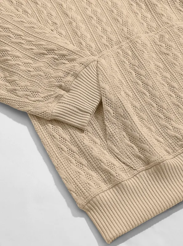 Men Thin Cable Knit Hooded Sweatshirt Drawstring Hood Kangaroo Pocket Long Sleeve Loose Casual Pullover Autumn Daily Street Tops