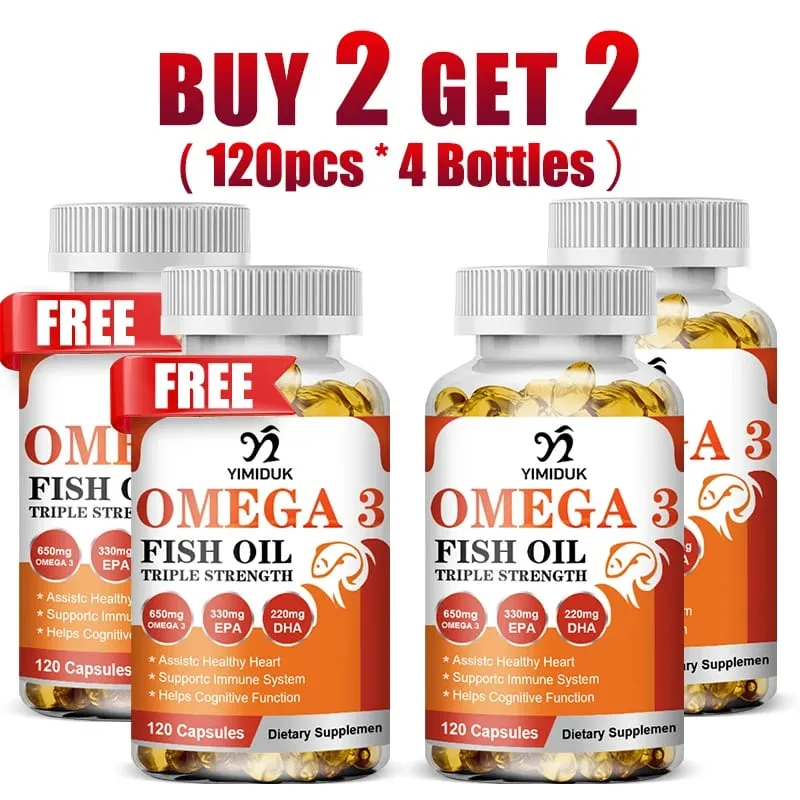 Buy 1 Get 1 Free! Ultra Strength Omega 3 Fish Oil Supplement for Immunity Mood Bones & Cardiovascular Function GMP Certified