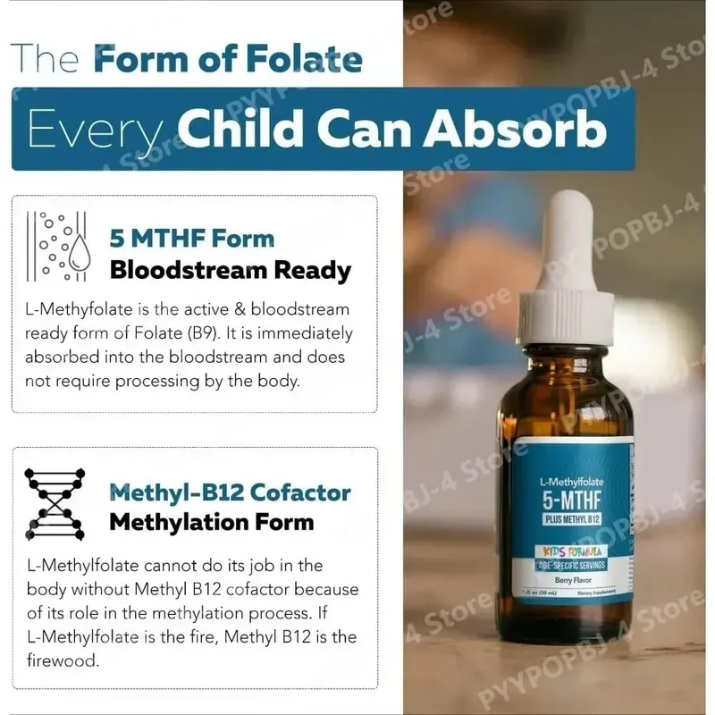 L-Methylfolate 5-MTHF Methyl B12 Drops for Kids Organic Berry Flavor Liquid Folate Supplement for Children Vegan 1 Fl Oz 30 ML
