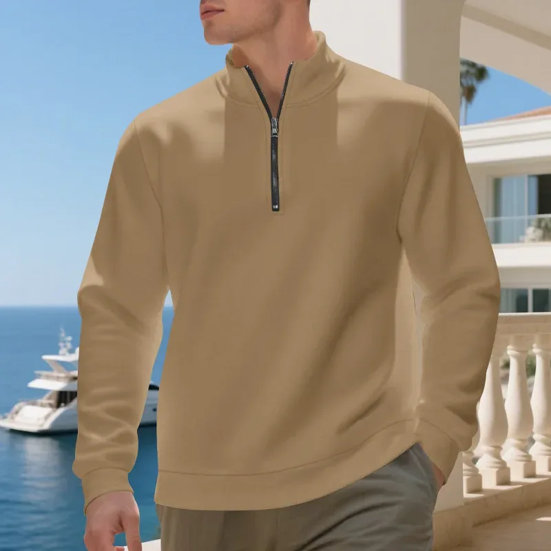 Autumn Winter Men's Fleece Quarter Zip Pullover Man Long Sleeved Loose Stand-up Collar Sweater Casual Comfy Mock Neck Sweatshirt