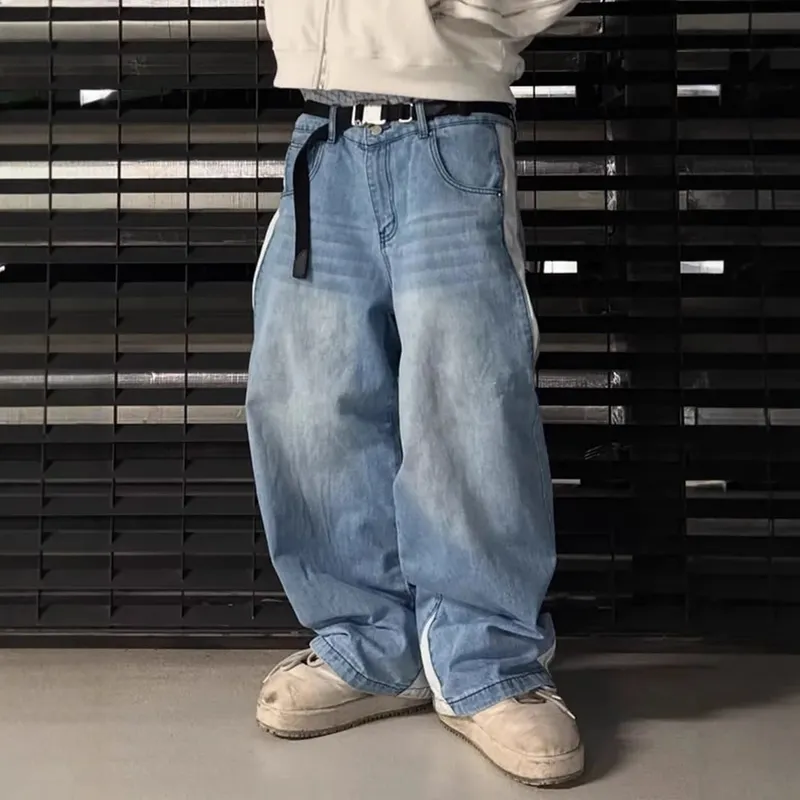 Wide Leg Jeans Men Straight Pants Vintage Patchwork Washed Distressed Mid Waist Pockets 2025 Streetwear Denims Loose Trousers