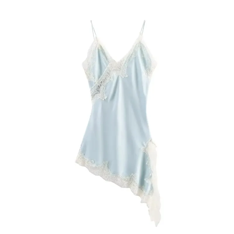 Summer New Fashion Women's Dresses Satin Lace Slip Sexy Asymmetrical Hem Nightgown Casual Party Dresses Wear Y2k Clothes