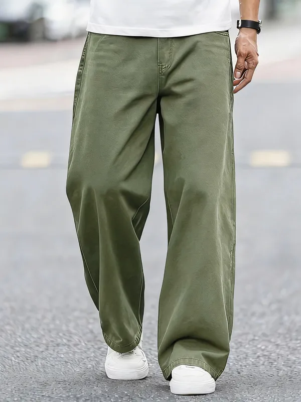 American Retro Olive Green Loose Jeans Street Fashion Casual Simple And Versatile Trousers For Men