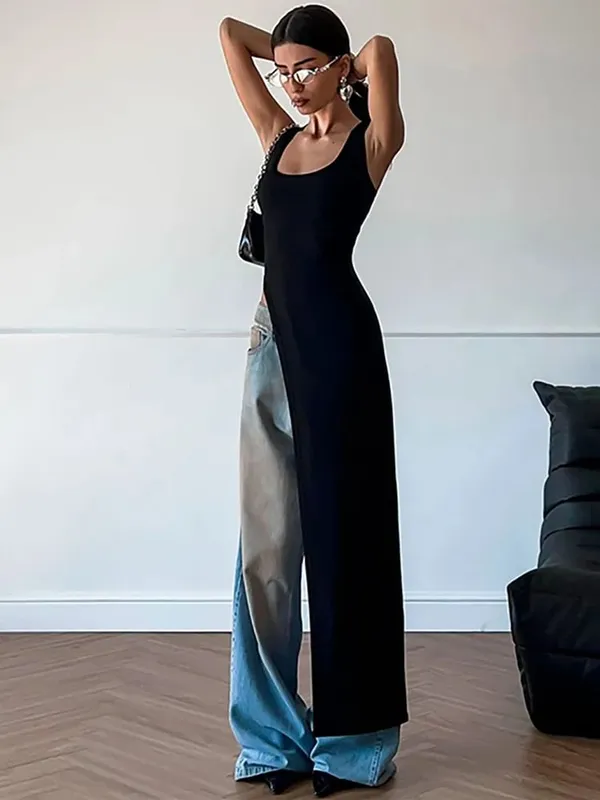 Summer personality trend slim fit solid color street niche irregular asymmetrical hem sleeveless camisole vest dress