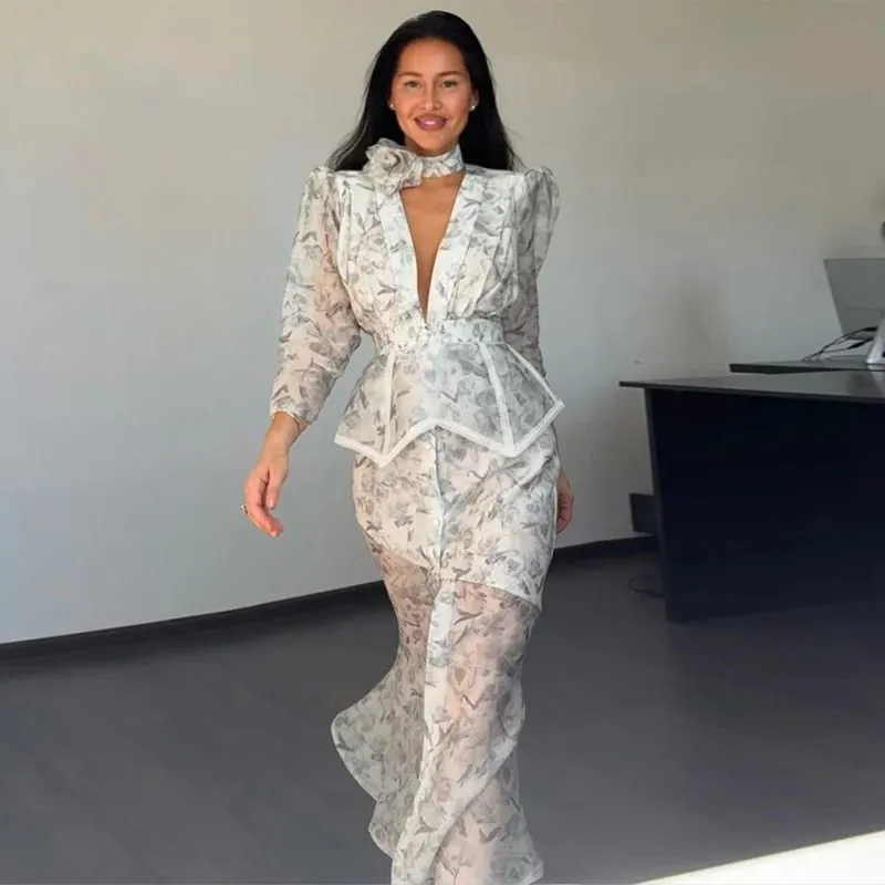 Elegante impresso vestido feminino organza profundo decote em v meia manga cintura cinched vestidos plissados ​​2026 verão senhora festa de férias robe