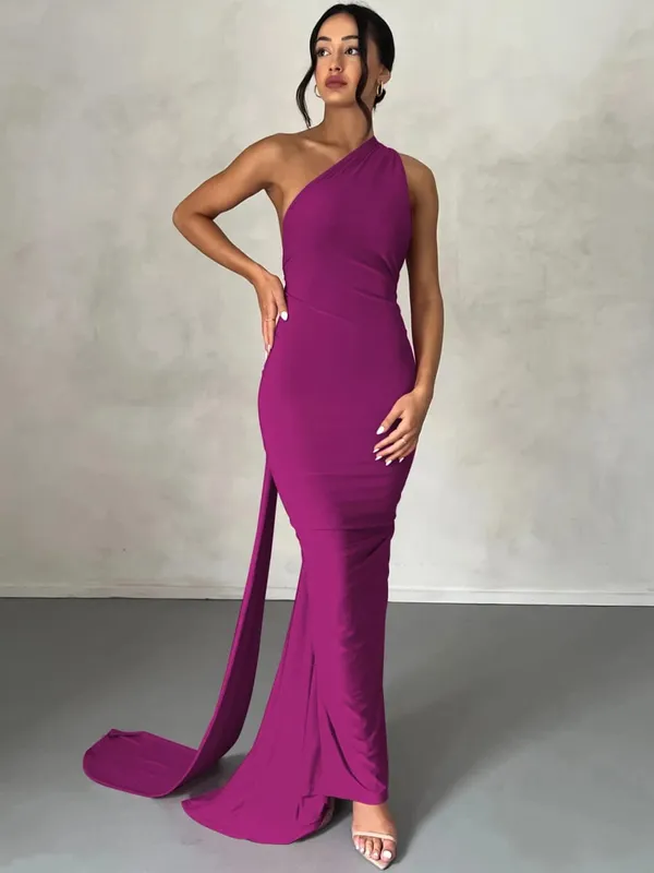 Hugcitar Eine Schulter, rückenfrei, verstellbar, mit Schal, Schleife, gerafft, sexy Maxikleid, 2025, Damen, elegantes Y2K-Streetwear-Festival-Outfit