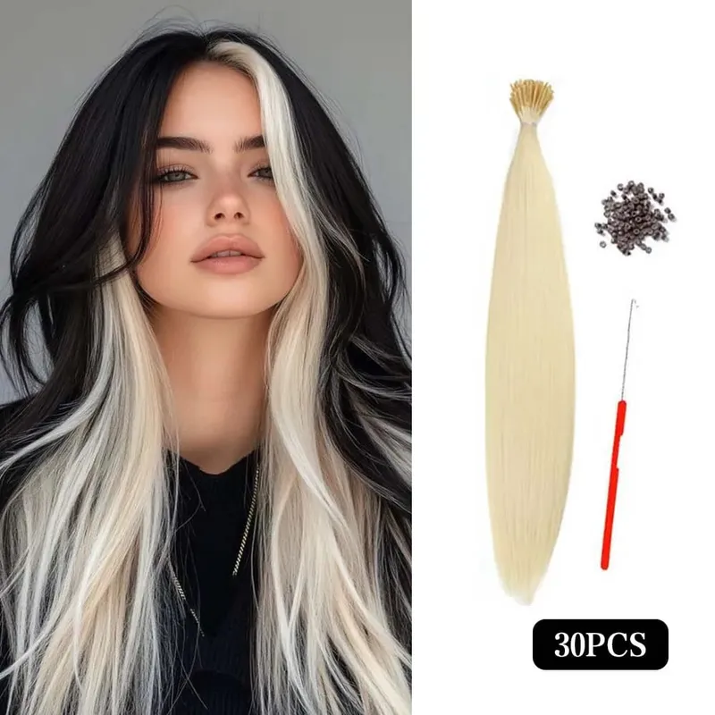 30 Stück farbige Haarverlängerung 16-Zoll-I-Tip-Synthetikverlängerungen. Dieses lange Set für Damen enthält Perlen und ein Häkelwerkzeug