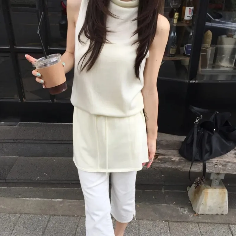 Summer Elegant Drawstring Waist Slimming Sleeveless Short Dress Comfortable Casual Style Women's Clothing Commute Suitable
