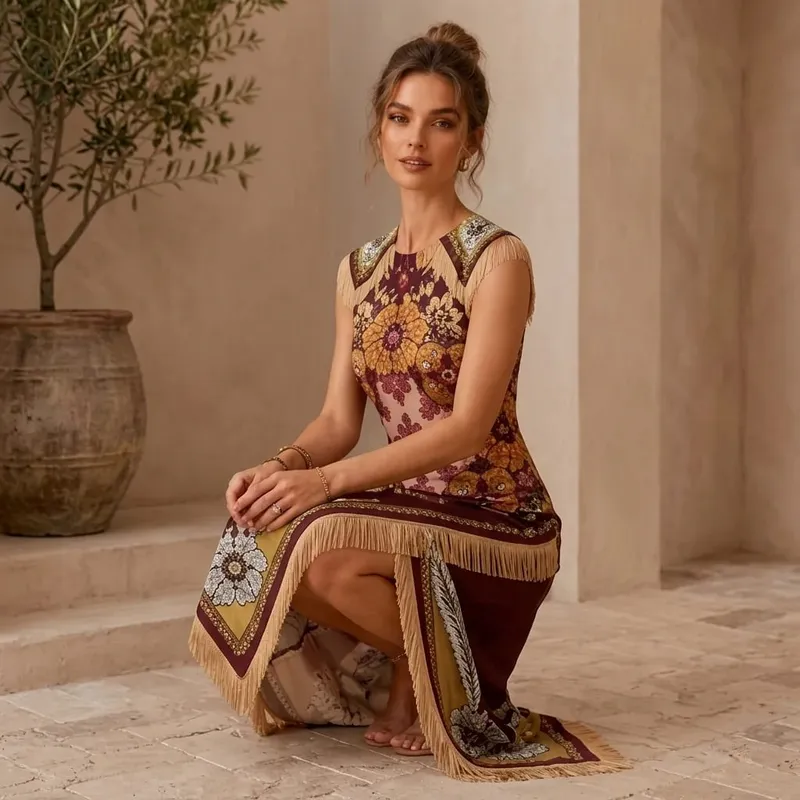Vintage Bohemian Scarf Print Midi Dress Women Elegant Floral Sleeveless Wrap Dress Summer Asymmetrical Handkerchief Hem Fringe
