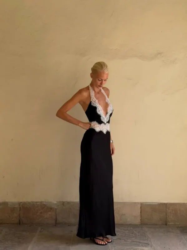 Black Lace Patchwork Halter Neck Maxi Dresses V-neck Sleeveless Backless High Waist Long Dress 2026 Elegant Party Club Outfits