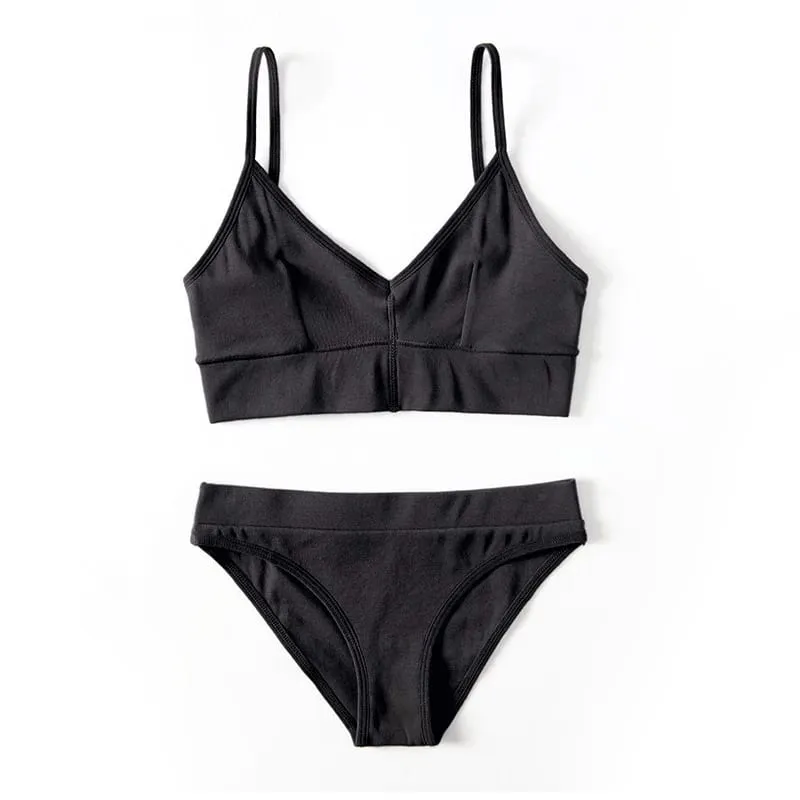 Solid Color Women Underwear Set Thin Strap V Neck Bra Briefs Soft Stretch Lingerie Sleep Outfit