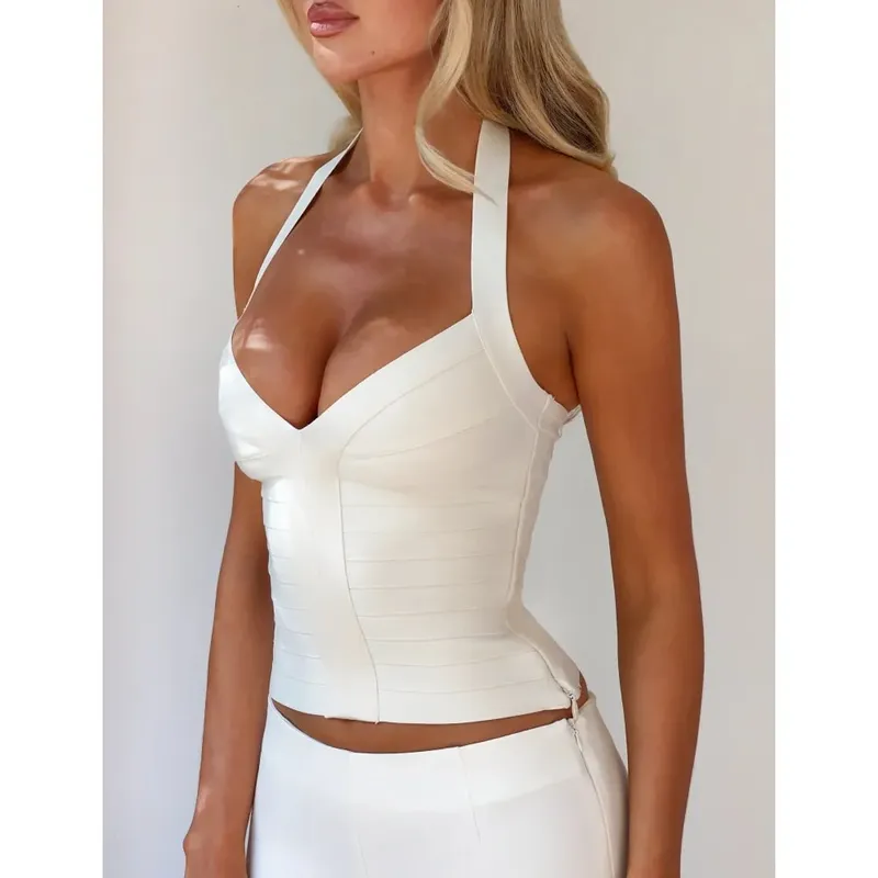 Women Halter V Neck Bandage Crop Top Bodycon Sleeveless Tank Tops Night Club Party Outfit Camisole For Daily Street Fashion Wear