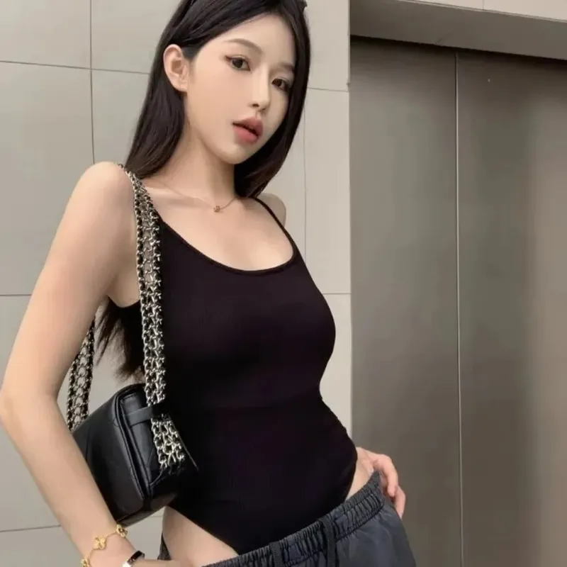 New Hollow Out Open-Back Tank Top with Sleek Padded Breathable Sleeveless Top Women Bodysuit