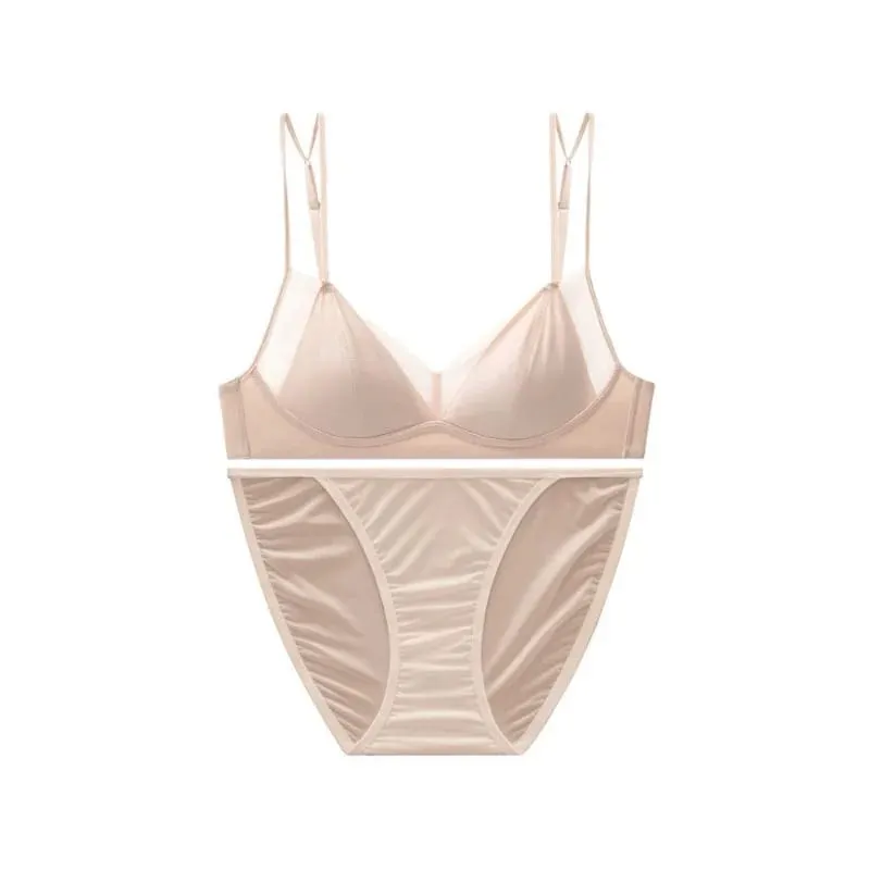 Modish Leopard Intimate Set Non-wire Thin Triangle Bra Breathable Summer Nude Fabric Small Chest Firm Gathering Womens Indoor — image 6