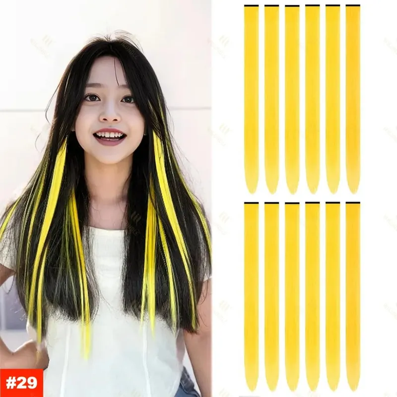 2026 Colored Highlight Hair Extensions 22 Inch Synthetic Rainbow Long Straight Hairpieces Purple Pink Blue for Women Girls Kids