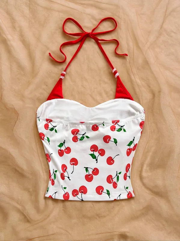 Women's Cherry Printed Color-blocking Beaded Halter Top Summer Beach Vacation Beach Party Summer Party — image 3