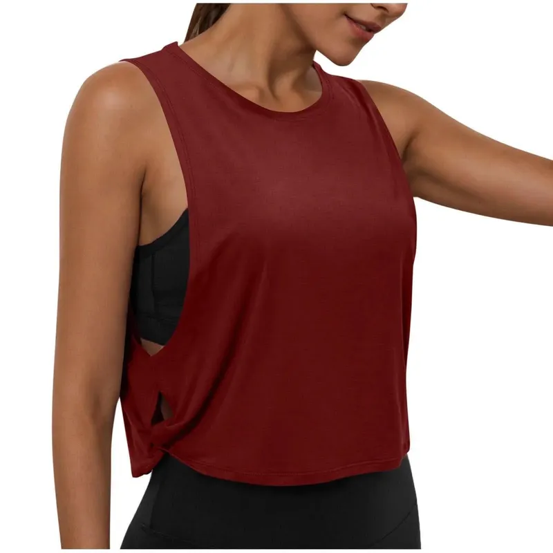 Women Sleeveless Yoga Tops Running Short Tank Crop Top Athletic Vest Breathable Blouse Cover Up Gym Workout Cool T-Shirt