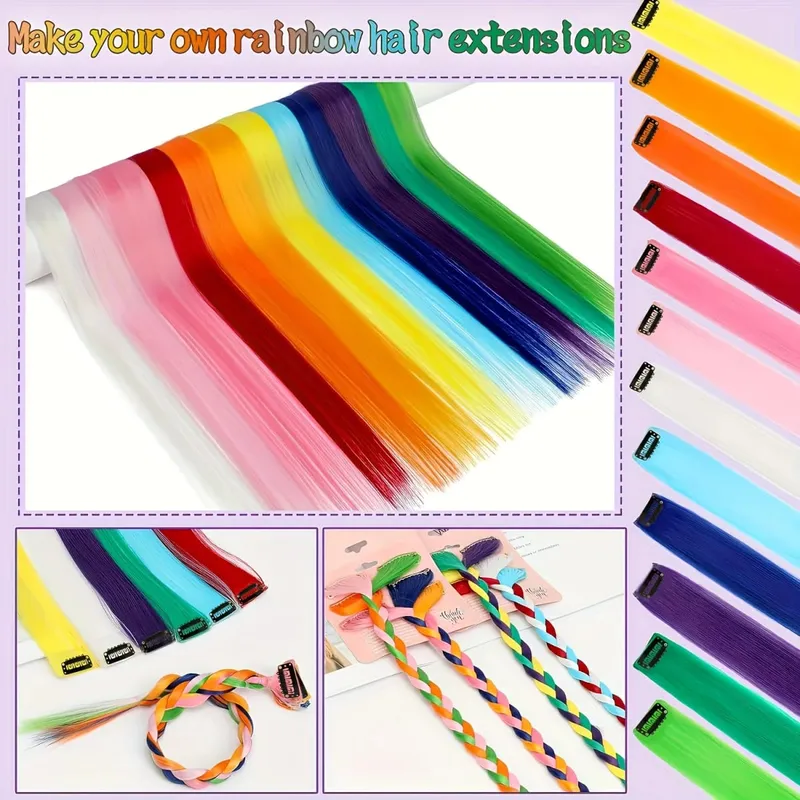 12 Pcs/lot Clip in Hair Extensions Multi-Colors Highlights Synthetic Hair 22 inch Rainbow Hairpieces for Girls Women Kids