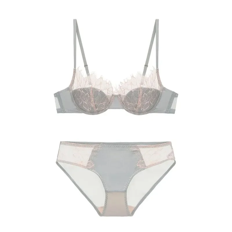Women Sexy French Eyelash Lace Bra Set Hollow‑Out Lightweight Thin Comfort Push‑Up Lingerie Suit Skin Friendly 34‑38