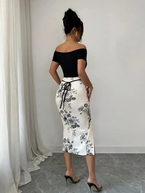 Ladies Spring Summer Shoulder Bared Black Top Spliced Water-Mark Print Split Sexy Elegant Dress Body-Con Silhouette
