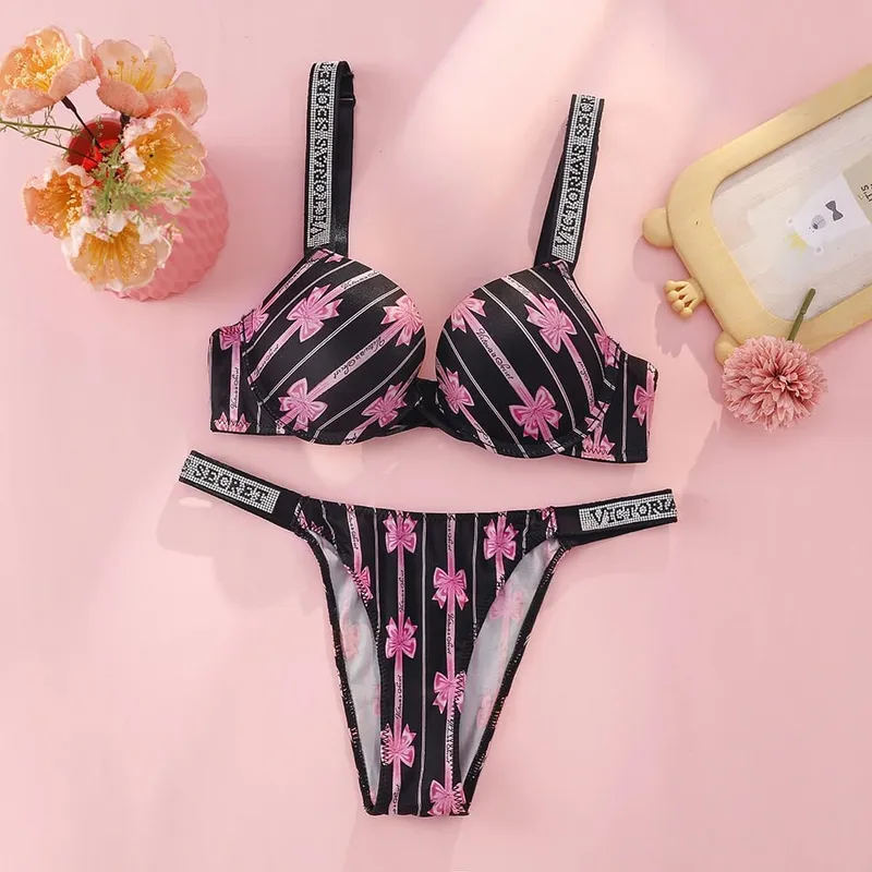 Victoria s Secret Rhinestone Logo Shoulder Straps Lace Underwear Sexy Lingerie Set Push Up Bra And Panties Set For Women — image 7