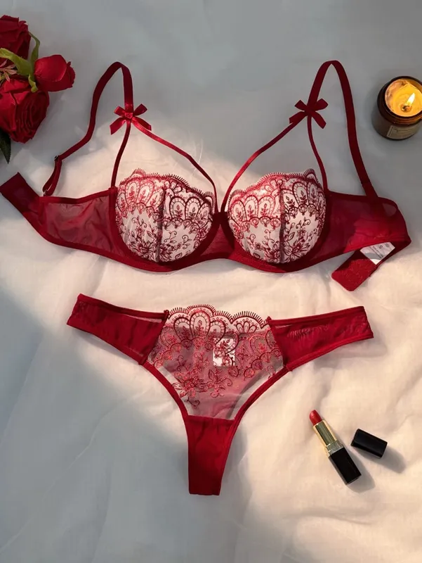 2-piece Women's Lingerie Sets Women's Green Comfortable Lightweight Bow Semi Transparent Lingerie Set