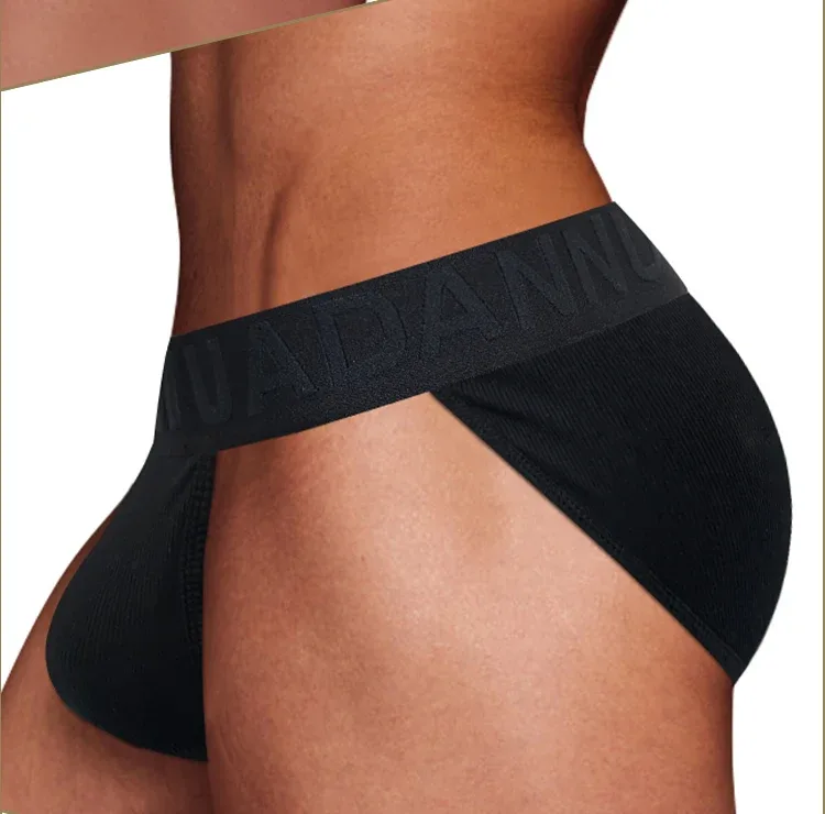 Men's Cotton Ribbed Skin-Friendly Bare Feel Convex Pouch Briefs, Embossed Letter Wide Waistband Slim Fit Underwear