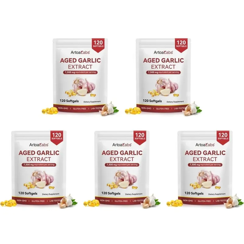 Aged Garlic Extract Softgels 7500 มก. เทียบเท่าต่อการไหลเวียนและการทำงานของหัวใจ สารต้านอนุมูลอิสระและภูมิคุ้มกัน 120Ct