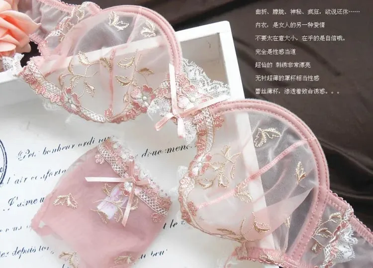 Fransk blonde-bh og trussesæt til Plus Size - Gennemsigtigt mesh Ultratynd fuld-bust-støtte Anti-slappende lingeri Sexet design