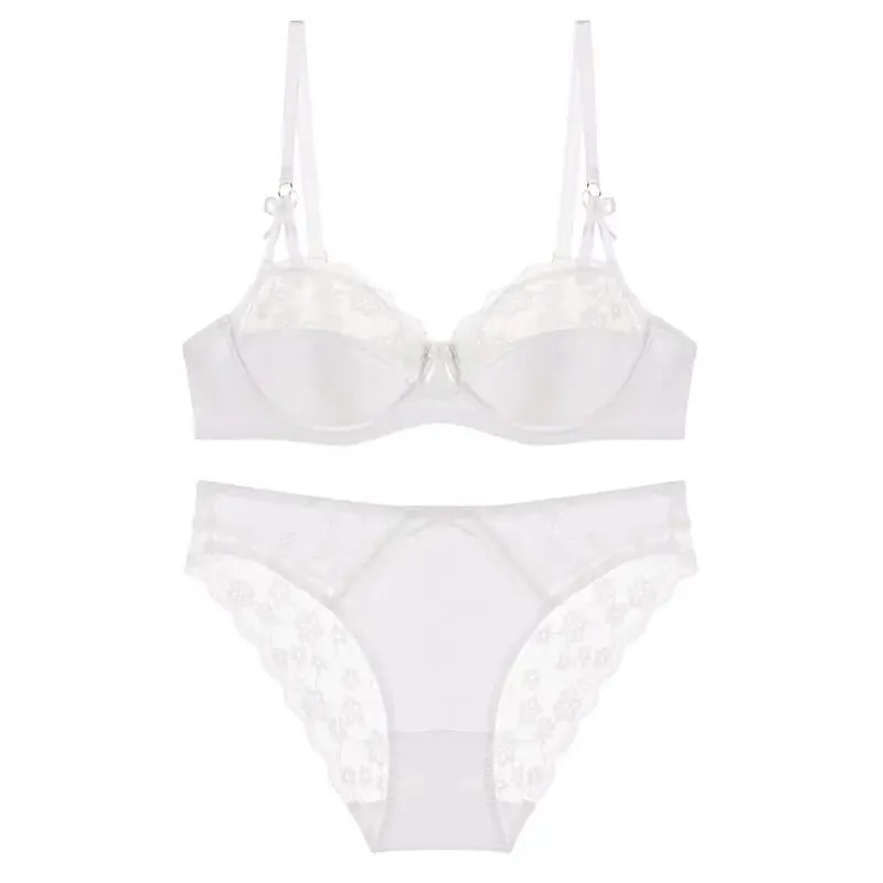 Women Thin French Half Cup Lace Bra Set Minimizer for Big Bust Push Up Anti-Sagging Side Support Comfort Sexy Daily Lingerie Set
