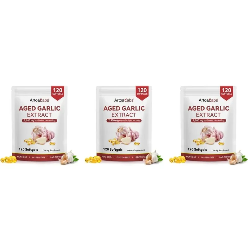Aged Garlic Extract Softgels 7500 มก. เทียบเท่าต่อการไหลเวียนและการทำงานของหัวใจ สารต้านอนุมูลอิสระและภูมิคุ้มกัน 120Ct
