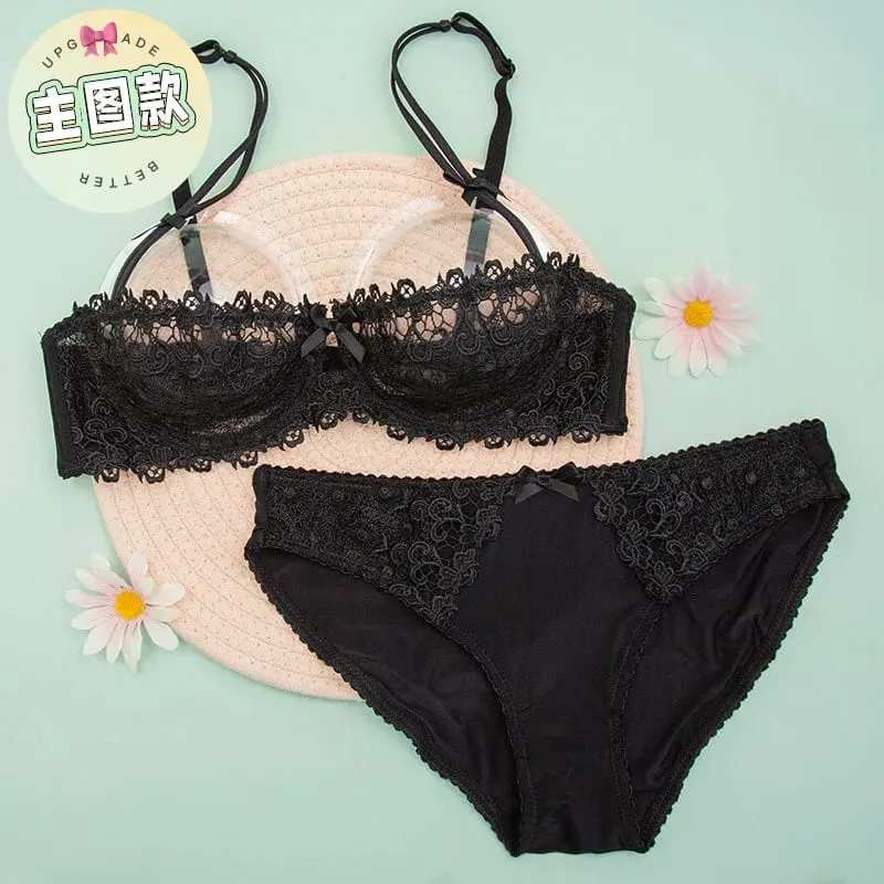 Sexy Lace Bra Set Women Plus Size Sheer Half Cup Push Up Lingerie Ultra Thin Transparent Concealed Nipple Underwear Hot