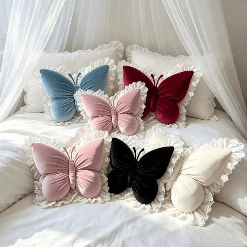 Elegant Velvet Butterfly Pillow Soft Lace Trim Bow Cushion New Cute Bow Throw Pillow Office