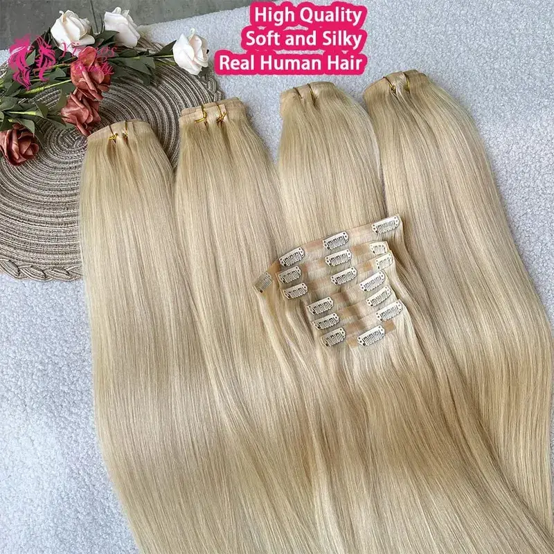 #613 Blonde Clip in Hair Extensions Human Hair Straight Virgin Human Hair Extensions Clip ins for Women 120g/7Pcs
