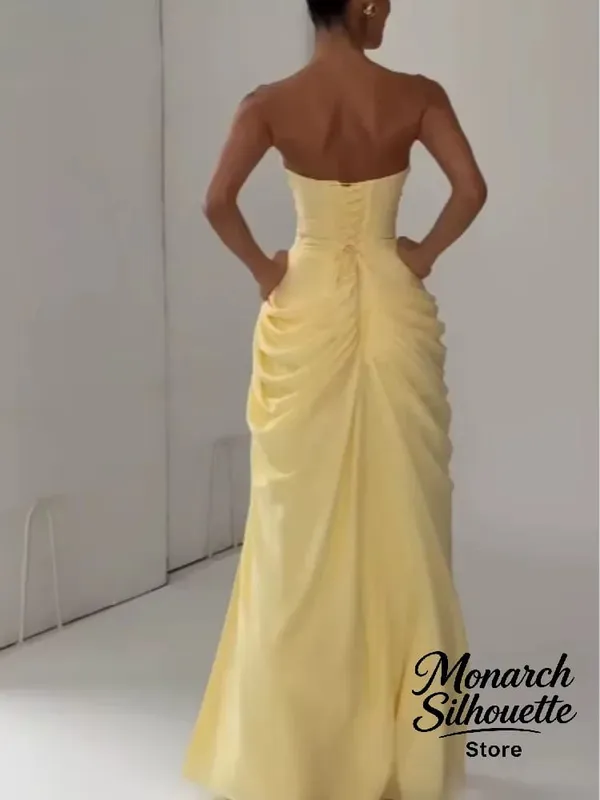 Elegant Yellow Strapless Pleated Long Dress Women Chic Solid Sleeveless Waist Cinching Split Gown 2026 Lady Evening Party Robes — image 3