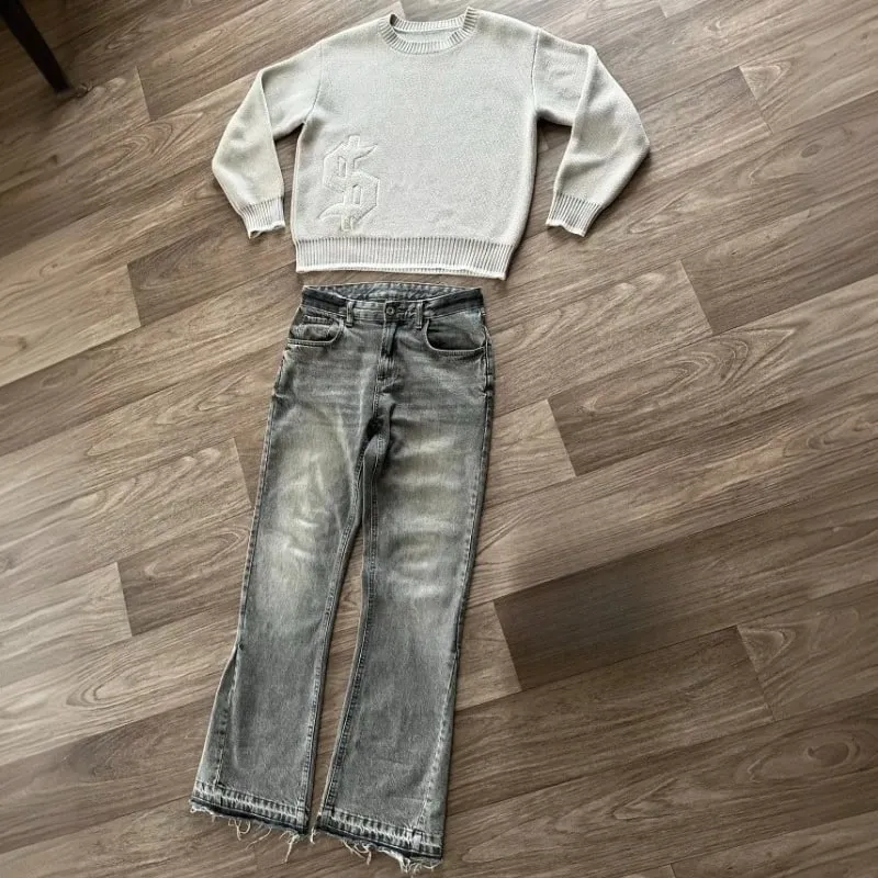Y2K Retro Jeans Light Color Dollar Pattern Embroidery Splice Denim Pants Gothic Hip Hop Streetwear Men Women Fashion Baggy Pants