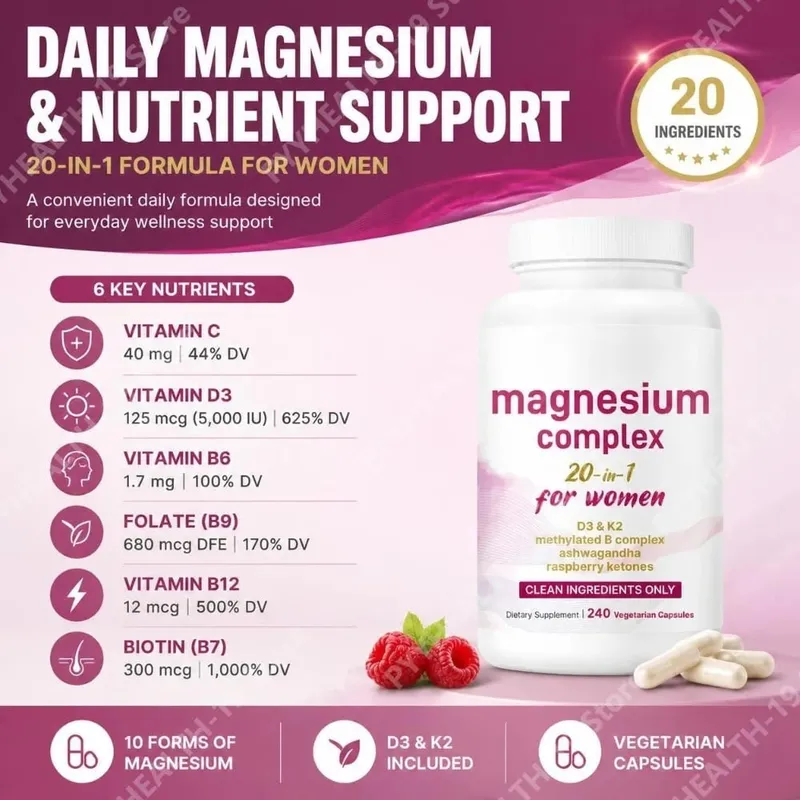 Magnesium Complex for Women Capsules with D3 K2 B12 Biotin & Ashwagandha for Energy Calm & Wellness Support 240 Capsules